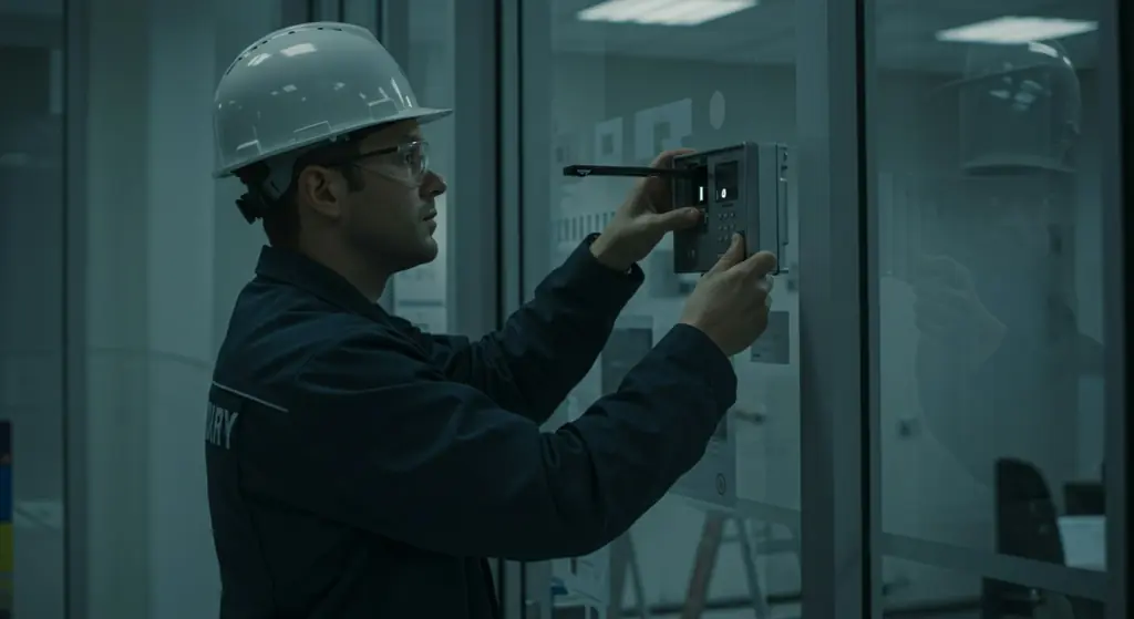 Engineer in a hard hat inspecting a door fitting inside a building